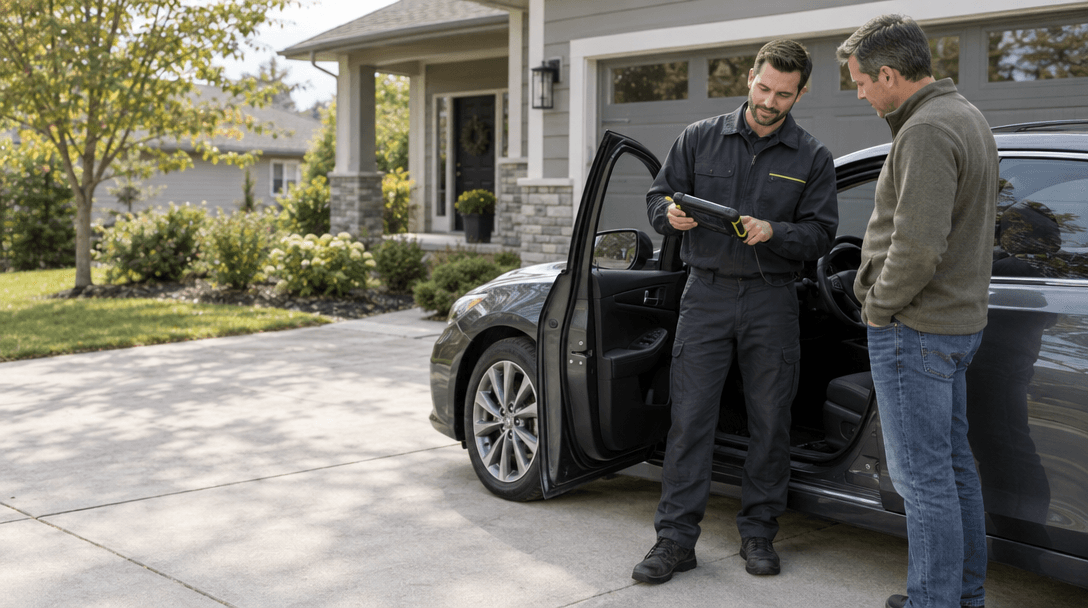 A mobile diagnostic technician checks a sedan with a handheld scanner beside the open driver’s door